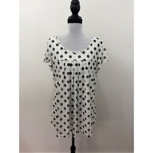 Furnex Womens XL Polka Dot Flutter Sleeve Pleated Scoop Neck Blouse White Black